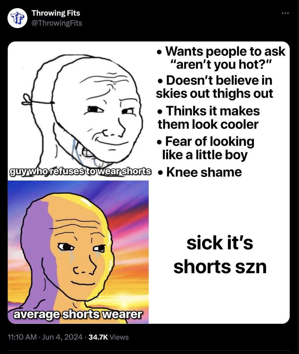 cartoon - Throwing Fits Wants people to ask "aren't you hot?" Doesn't believe in skies out thighs out Thinks it makes them look cooler Fear of looking a little boy guy who refuses to wear shorts Knee shame average shorts wearer Views sick it's shorts szn